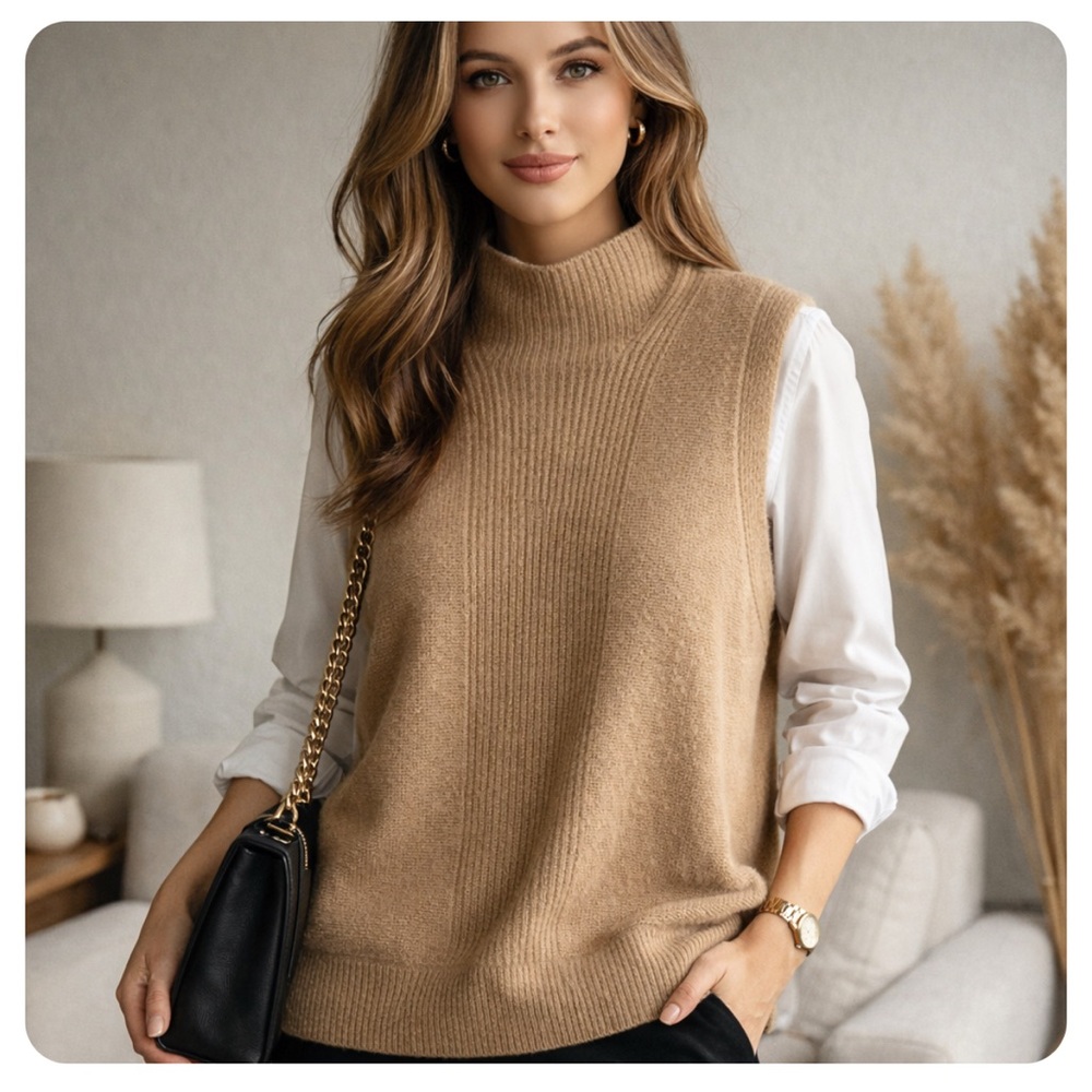 Banana Republic Vest Wool Alpaca Blend size L Camel high neck  EUC oversized